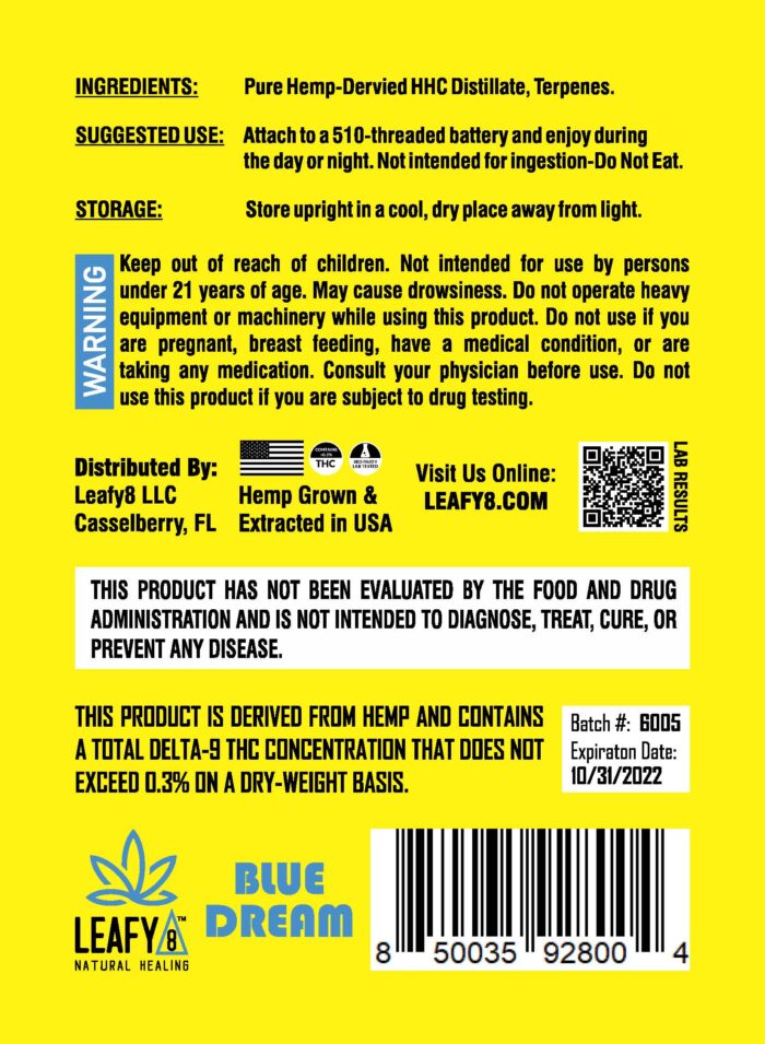 Leafy8 Brand Blue Dream HHC Vape Cartridge - Rear
