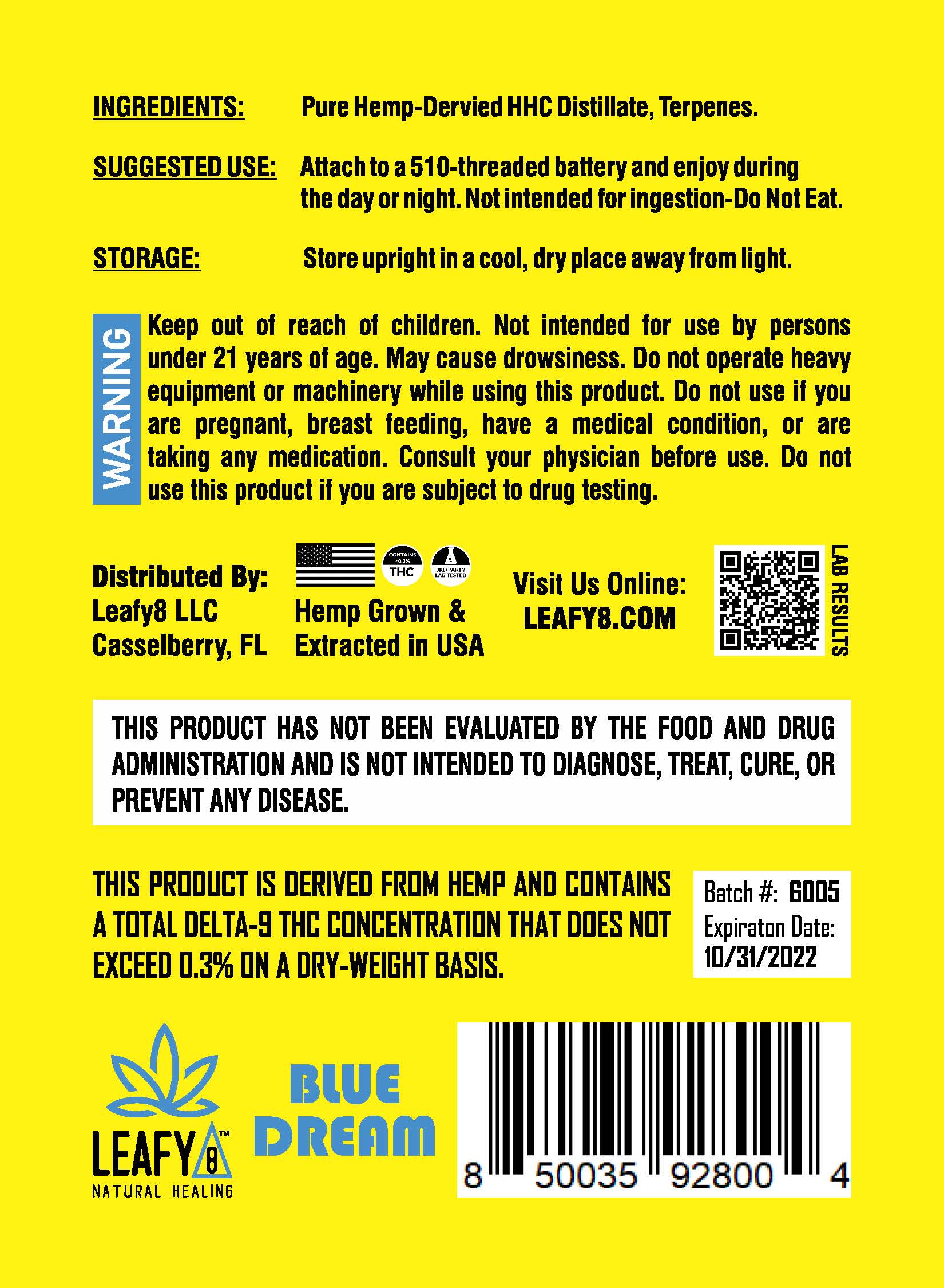 HHC Vape Cartridge - Blue Dream - Leafy8 Delta-8 THC, Delta-9 THC 