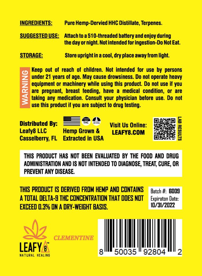 Leafy8 Brand Clementine HHC Vape Cartridge - Rear