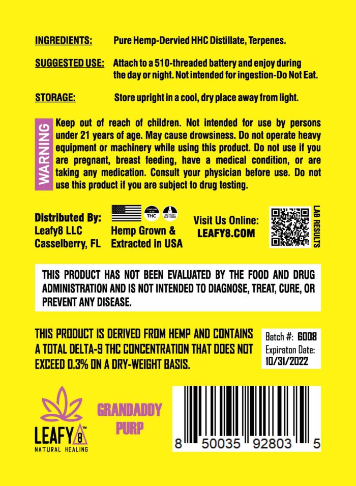 Leafy8 Brand Grandaddy Purp HHC Vape Cartridge - Rear