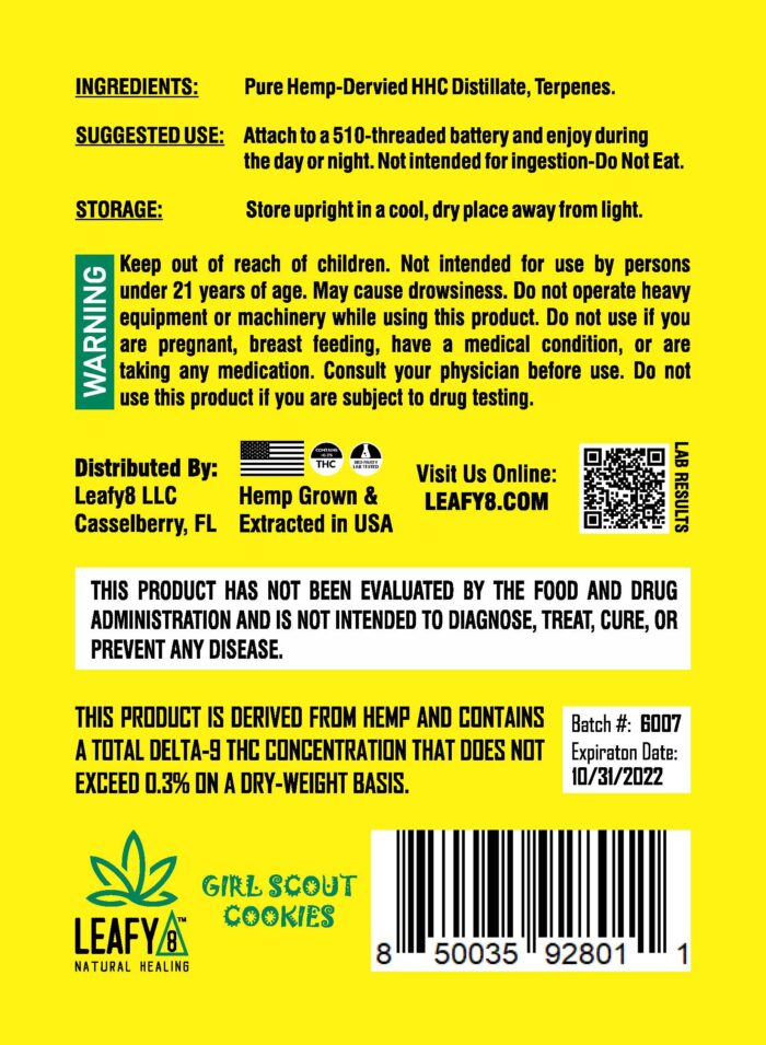 Leafy8 Brand Girl Scout Cookies GSC HHC Vape Cartridge - Rear