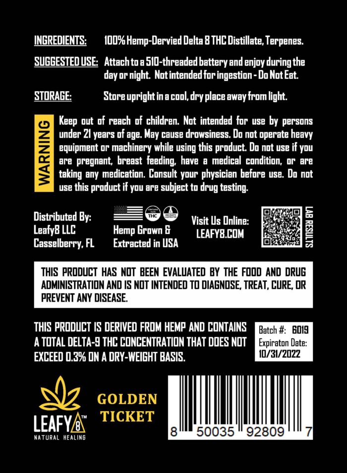 Leafy8 Golden Ticket Delta 8 Vape Cartridge