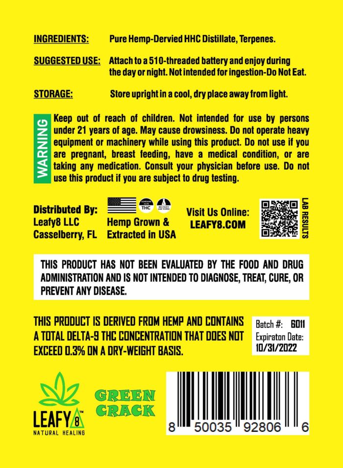 Leafy8 Brand Green Crack HHC Vape Cartridge - Rear