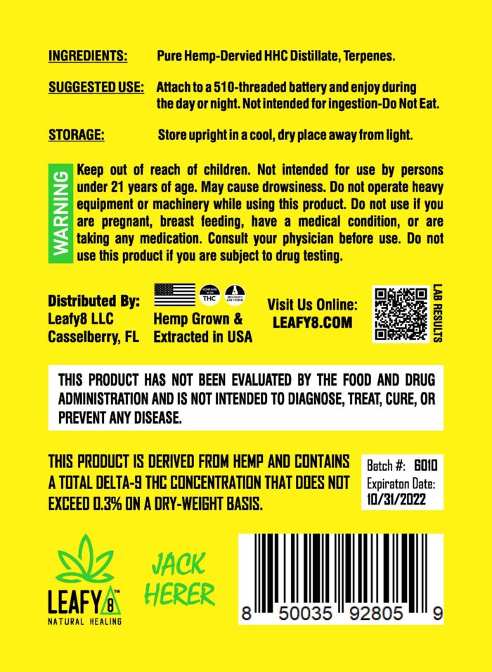 Leafy8 Brand Jack Herer HHC Vape Cartridge - Rear