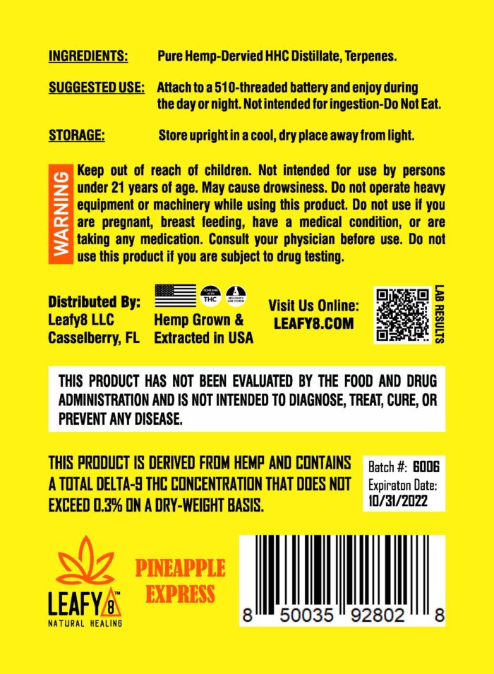 Leafy8 Brand Pineapple Express HHC Vape Cartridge - Rear