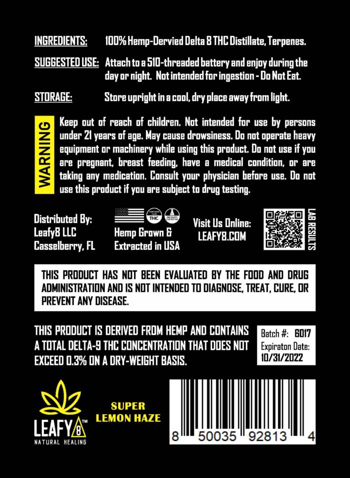 Super Lemon Haze Delta 8 THC Vape Cartridge - Leafy8 Brand