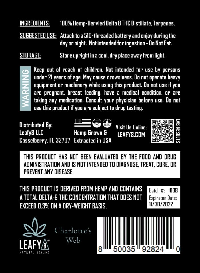 Leafy8 Charlotte's Web Delta 8 THC Vape Cartridge - Back