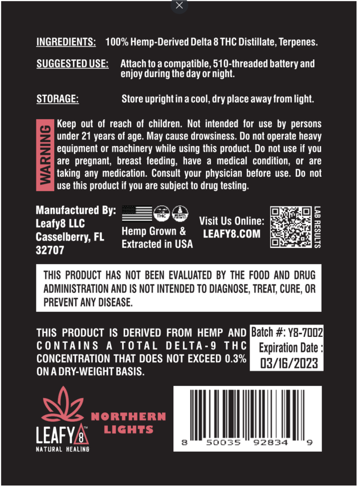 Leafy8 Delta-8 THC Vape Cartridge Label: Northern Lights