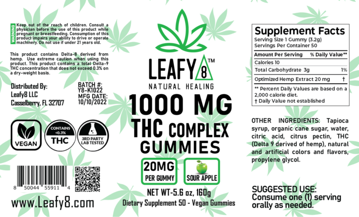 Leafy8 Delta-9 THC Complex Gummies Label: Sour Apple 1000mg