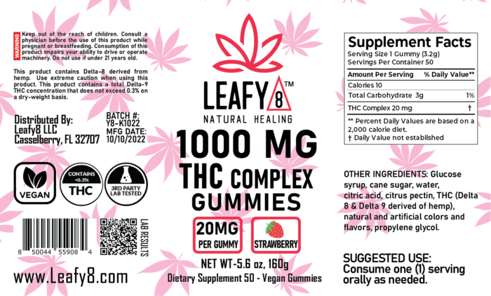Leafy8 Delta-9 THC Complex Gummies Label: Strawberry 1000mg