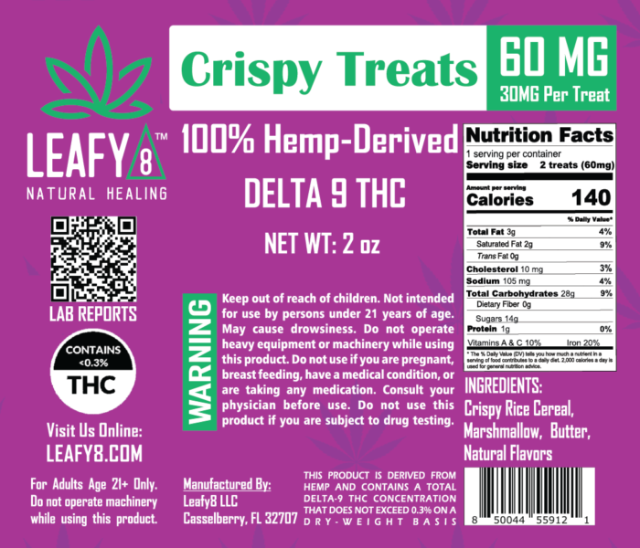 Leafy8 Delta-9 THC Edibles: Rice Crispy Treats 60mg