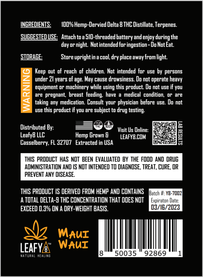 Leafy8 Delta-8 THC Vape Cartridge Label: Maui Waui