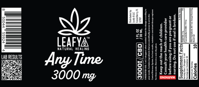 Leafy8 CBD Oil Oral Drops Label: Anytime 3000mg