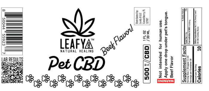 Leafy8 CBD Oil Oral Drops Label: For Pets Beef Flavor