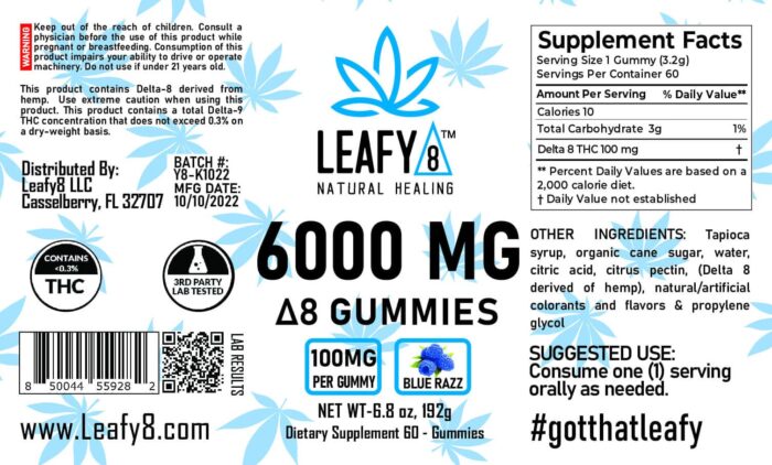 Delta-8 THC Gummies - 100mg Each - 6000mg Jar - 60 Count - Leafy8