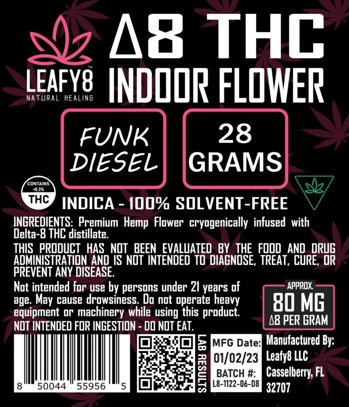 Delta 8 THC Indoor Flower: Funk Diesel 28g/1oz Bag Label - Leafy8