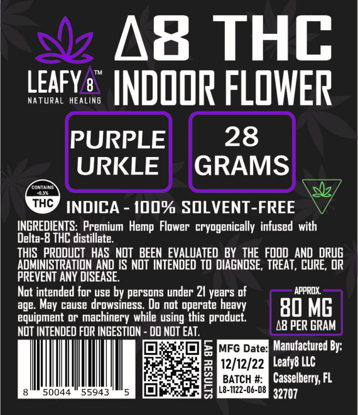 Leafy8 Delta-8 THC Indoor Flower: Purple Urkle 1 Ounce (28g)