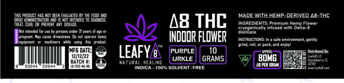 Leafy8 Delta-8 THC Indoor Flower: Purple Urkle 10 Grams Label