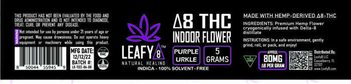 Leafy8 Delta-8 THC Indoor Flower: Purple Urkle 5 Grams Label