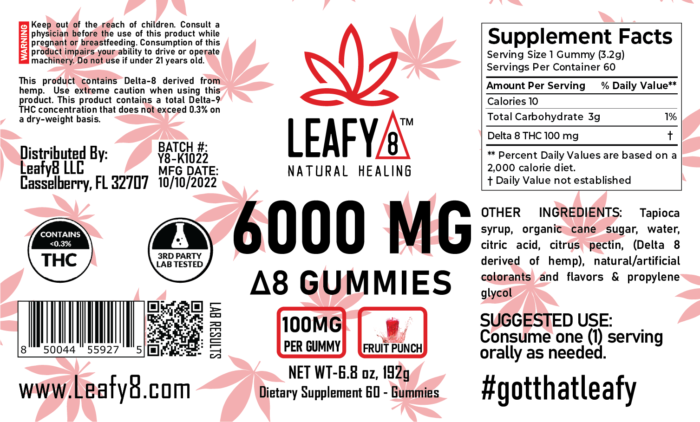 Leafy8 Brand Delta-8 THC Gummies: Fruit Punch Label 6000mg