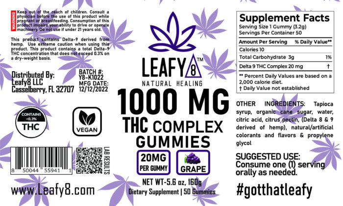 Leafy8 Delta-9 THC Complex Gummies Label: Grape Flavor