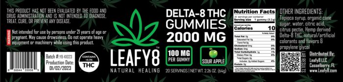 Leafy8 100mg Delta-8 THC Gummies - Sour Apple Flavor - 2000mg - 20 Count - Label