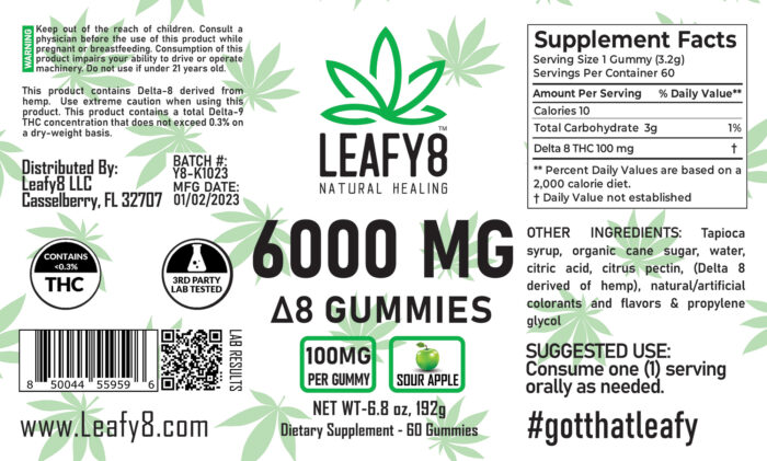 Leafy8 100mg Delta-8 THC Gummies - Sour Apple Flavor - 6000mg - 60 Count - Label
