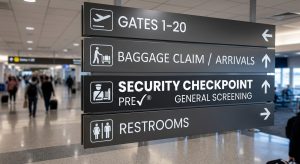 A close-up photograph of modern airport terminal signage directing passengers toward a security checkpoint, emphasizing the importance of understanding federal screening protocols when researching if medical marijuana is allowed on planes.