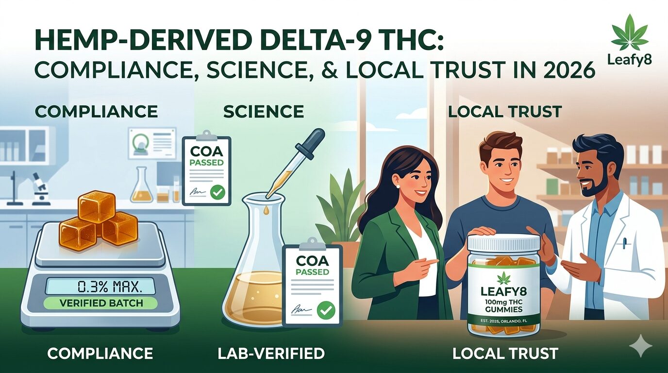 A detailed infographic titled 'HEMP-DERIVED DELTA-9 THC: COMPLIANCE, SCIENCE, & LOCAL TRUST IN 2026,' featuring the Leafy8 brand logo. The image uses three illustrative panels to verify regulatory and quality standards. The left panel, labeled 'COMPLIANCE,' shows amber hemp cubes on a digital scale with a green display reading '0.3% MAX. VERIFIED BATCH.' The center panel, 'LAB-VERIFIED SCIENCE,' displays a flask, pipette, and two clipboards with 'COA PASSED' certificates and checkmarks. The right panel, 'LOCAL TRUST,' shows a group of diverse people including a scientist holding a Leafy8 100mg THC GUMMIES jar emphasizing a trusted local brand and compliant production in Orlando, Florida.