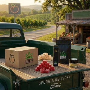 A green vintage Ford pickup truck parked in front of a rustic regional distribution building in the Georgia countryside. On the tailgate of the truck are several Leafy8 products: a matte black mylar bag with the Leafy8 logo, a black Leafy8 3g disposable vape pen, a gold-wrapped Belgian chocolate bar, and a bottle of liquid THC gummies. The background features a rolling peach orchard landscape under a warm sunset sky.