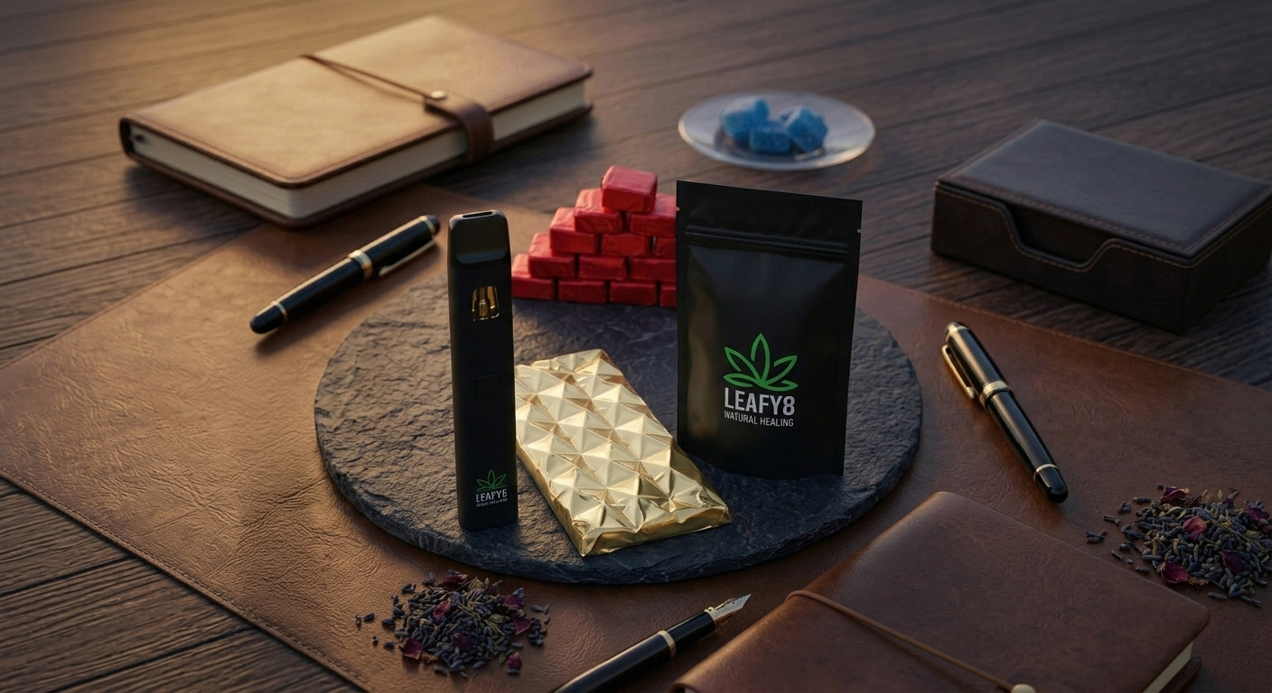 Leafy8 cannabis dispensary products arranged on a premium wooden table. Features a Leafy8 vape pen, THC gummies, a tincture dropper bottle, and a gold-wrapped cannabis chocolate bar alongside elegant leather journals and fountain pens. Ideal for natural healing and wellness in Orlando, FL.
