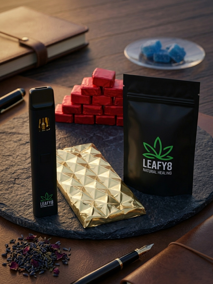 Leafy8 premium hemp products on a dark slate display plate, including a black vape pen device, a gold-wrapped chocolate bar, a black resealable bag with the green Leafy8 logo, red wrapped edibles, and loose dried lavender herbs on a leather desk background.