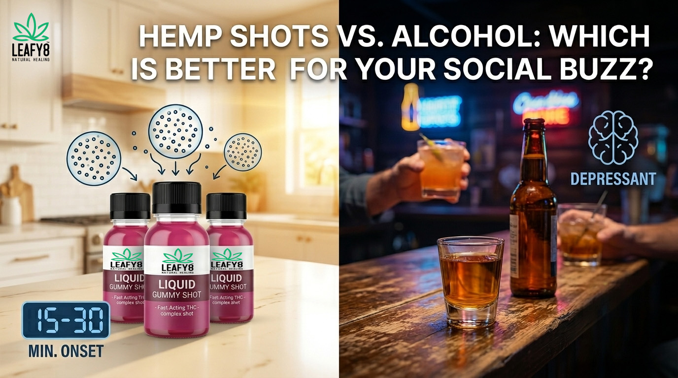 Split-screen comparison showing pink Leafy8 Liquid Gummy Shots on the left in a bright kitchen, contrasted with a dimly lit bar setting on the right. The image illustrates the 15-30 minute onset of hemp shots versus traditional alcohol.