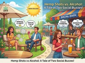 An illustrative comparison poster for Leafy8 showing two social settings. On the left, a sunny garden scene depicts people enjoying a relaxed social atmosphere with bubbles representing mental clarity and calm. On the right, a lively bar scene shows friends with beverages associated with foggy thinking and hangover risks, providing a clear visual contrast to the Leafy8 social experience