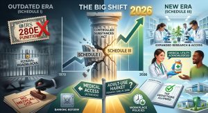 Infographic of 2026 cannabis rescheduling to Schedule III, highlighting Florida medical marijuana access and IRS 280E tax relief