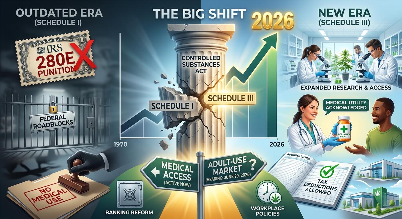 Infographic of 2026 cannabis rescheduling to Schedule III, highlighting Florida medical marijuana access and IRS 280E tax relief