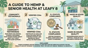 An infographic detailing the Leafy8 commitment to senior wellness, prioritizing Florida Statute 581.217 compliance, verified Certificates of Analysis (COAs), and made-in-house production for high-quality hemp products. It features community testimonials regarding nightly use for sleep support.