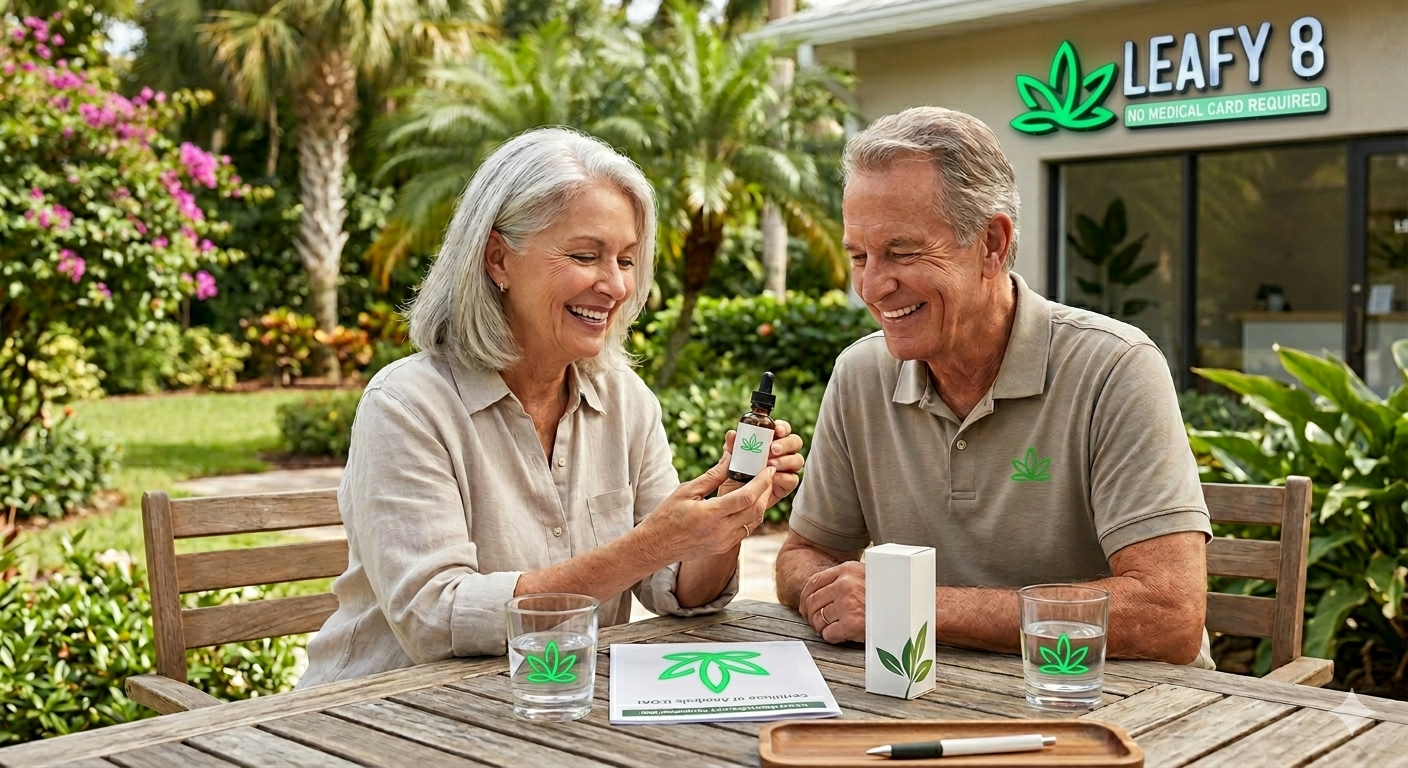 A senior couple reviewing a Certificate of Analysis (COA) while seated at a sunlit patio table in Central Florida. In the background, the Leafy8 Natural Hemp Products storefront on Goldenrod Road, near Orlando and Winter Park, is visible, highlighting made-in-house quality control