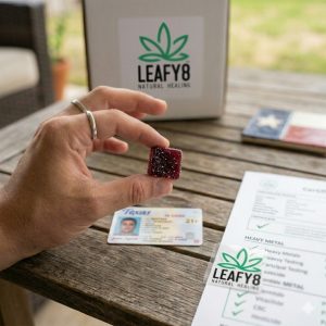 A close-up photograph on a rustic wooden table, where a hand wearing a silver ring holds up a single, dark berry-red, square-shaped Leafy8 gummy heavily coated in sugar crystals. A Texas state ID card showing a '21+' age verification is visible nearby, alongside a partially readable, official Certificate of Analysis (COA) document and a simplified Texas star motif. A blurred Leafy8 shipping box is in the background, reinforcing compliant mail-order delivery to Texas in 2026.