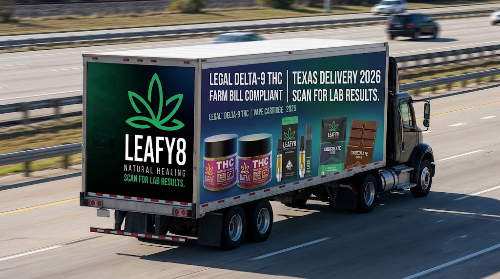 A commercial Leafy8 delivery truck driving down a Texas highway, displaying bold brand graphics and premium compliant hemp products to illustrate that Delta-9 THC is legal in Texas in 2026.