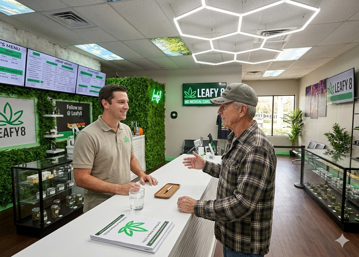 A veteran in a "Veteran" cap discusses THCP vapes with a Leafy8 staff member at the white service counter of our Orlando retail location on Semoran Blvd. The storefront features modern hexagonal ceiling lights, a greenery wall with a neon logo, and a "No Medical Card Required" sign, highlighting our commitment to veteran support and local Florida hemp compliance.