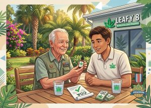 An artistic illustration set in Central Florida, where a senior veteran is seated at a garden patio table. He is engaged in conversation with a Leafy8 staff member, who is wearing a polo shirt with the green leaf logo. On the table are illustrative representations of the 15% veteran discount, a box labeled THCP VAPES, and a rolled document with a COA checkmark, reinforcing our commitment to local support and compliance in Orlando and Winter Park.