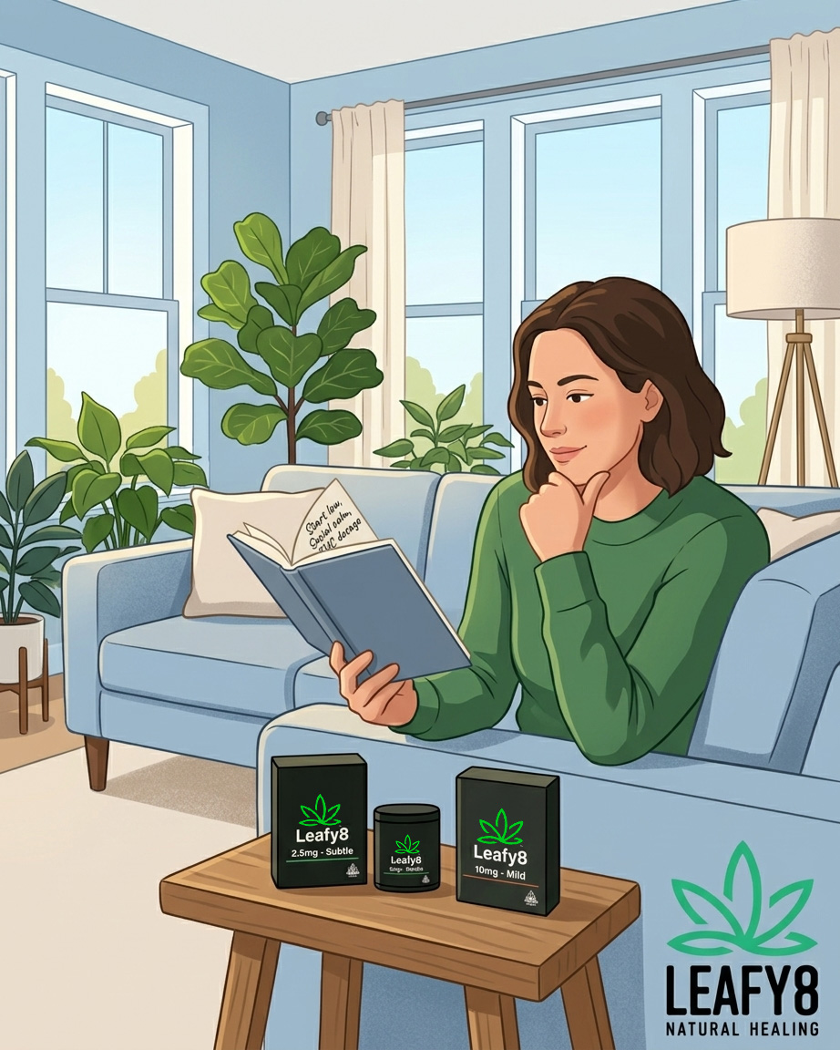 A clean digital vector illustration of a woman relaxing on a light blue couch in a bright living room, thoughtfully reading notes in an open book. On a wooden side table in the foreground sit three black Leafy8 gummy product containers labeled with precise strengths like 2.5mg and 10mg. The official green and black Leafy8 Natural Healing logo is clearly displayed in the bottom right corner