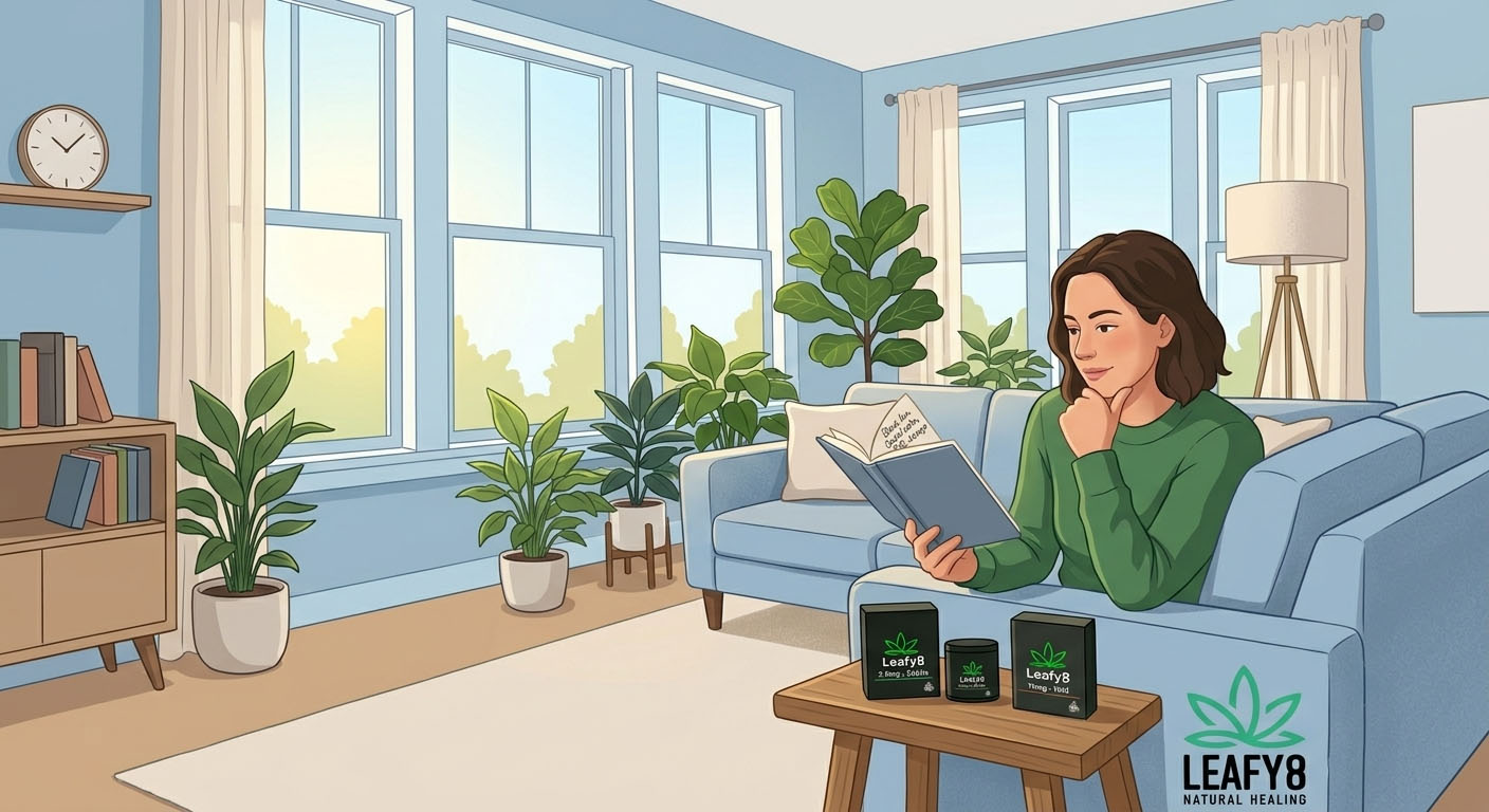 A woman in an Azalea Park, FL living room reading a "What’s my Dose" guide. A Leafy8 dropper bottle and product boxes are on the table, surrounded by lush plants and windows. Ideal for natural cannabis healing in Azalea Park.