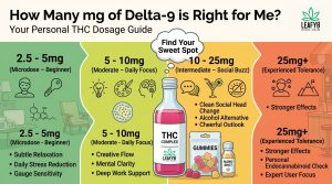 An infographic-style dosage guide for Leafy8 Delta-9 THC products, organized into four color-coded brackets ranging from 2.5mg for beginners to 25mg+ for experienced users, illustrating the benefits of mental clarity, creative flow, and social buzz, featuring official Leafy8 branding and a product display of liquid shots and gummies.