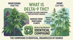 Infographic by Leafy8 comparing marijuana and industrial hemp as sources of Delta-9 THC, illustrating that the compound is chemically identical regardless of the source plant.