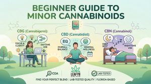 An educational infographic titled 'BEGINNER GUIDE TO MINOR CANNABINOIDS' features three distinct sections explaining the benefits of CBG, CBD, and CBN. The left section focuses on CBG (Cannabigerol) for 'FOCUS & CLARITY' and 'DAYTIME USE,' illustrated by a woman working at a desk with a laptop. The center section highlights CBD (Cannabidiol) for 'OVERALL BALANCE' and 'GENERAL WELLNESS,' depicted by a person meditating. The right section displays CBN (Cannabinol) for 'DEEP REST' and 'NIGHTTIME USE,' showing a person sleeping peacefully in a bed. The bottom of the graphic includes the official green Leafy8 Natural Healing logo alongside badges for 'COA' and 'LAB-TESTED' over the text 'FIND YOUR PERFECT BLEND | LAB-TESTED QUALITY | FLORIDA-BASED'