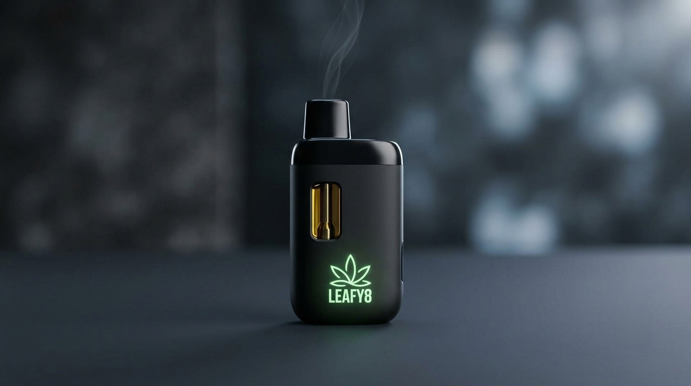 Leafy8 3g ceramic core disposable vape pen standing upright on dark surface — one of the best disposable vape pens for clean, flavorful vapor