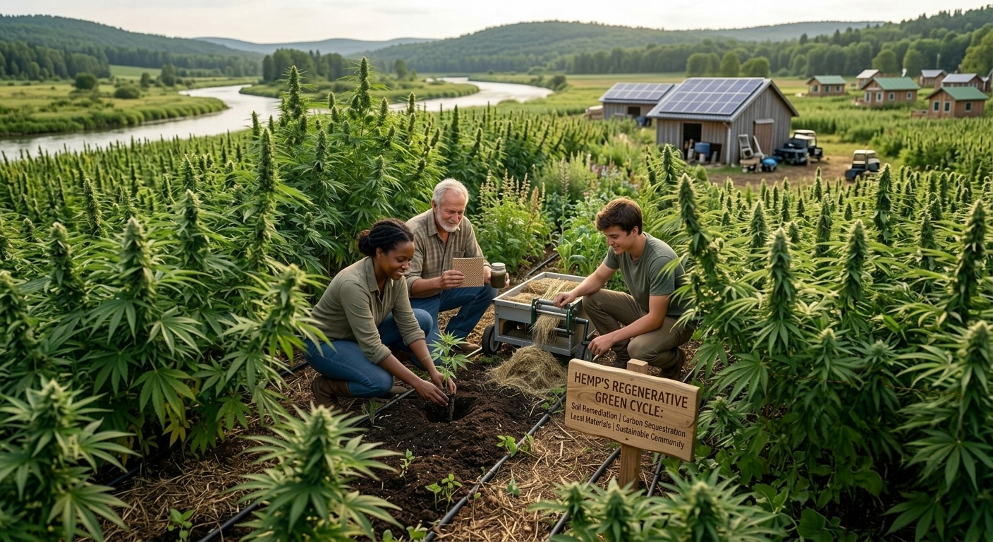 A diverse group of farmers on a solar-powered hemp farm in Azalea Park, Florida, demonstrates the Hemp’s Regenerative Green Cycle and references the resource for sustainable agriculture and community.