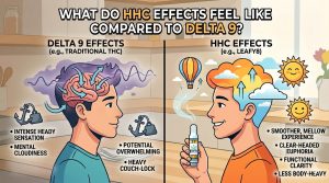 Infographic titled "WHAT DO HHC EFFECTS FEEL LIKE COMPARED TO DELTA 9?". Left side: "DELTA 9 EFFECTS (e.g., TRADITIONAL THC)" showing a person with an intense heady sensation and anchors, bulleted as "INTENSE HEADY SENSATION", "MENTAL CLOUDINESS", "POTENTIAL OVERWHELMING", and "HEAVY COUCH-LOCK". Right side: "HHC EFFECTS (e.g., LEAFY8)" showing a serene person with bright, cloud-filled hair, a hot air balloon, smiling suns, and a "Leafy8" vape product, bulleted as "SMOOTHER, MELLOW EXPERIENCE", "CLEAR-HEADED EUPHORIA", "FUNCTIONAL CLARITY", and "LESS BODY-HEAVY".